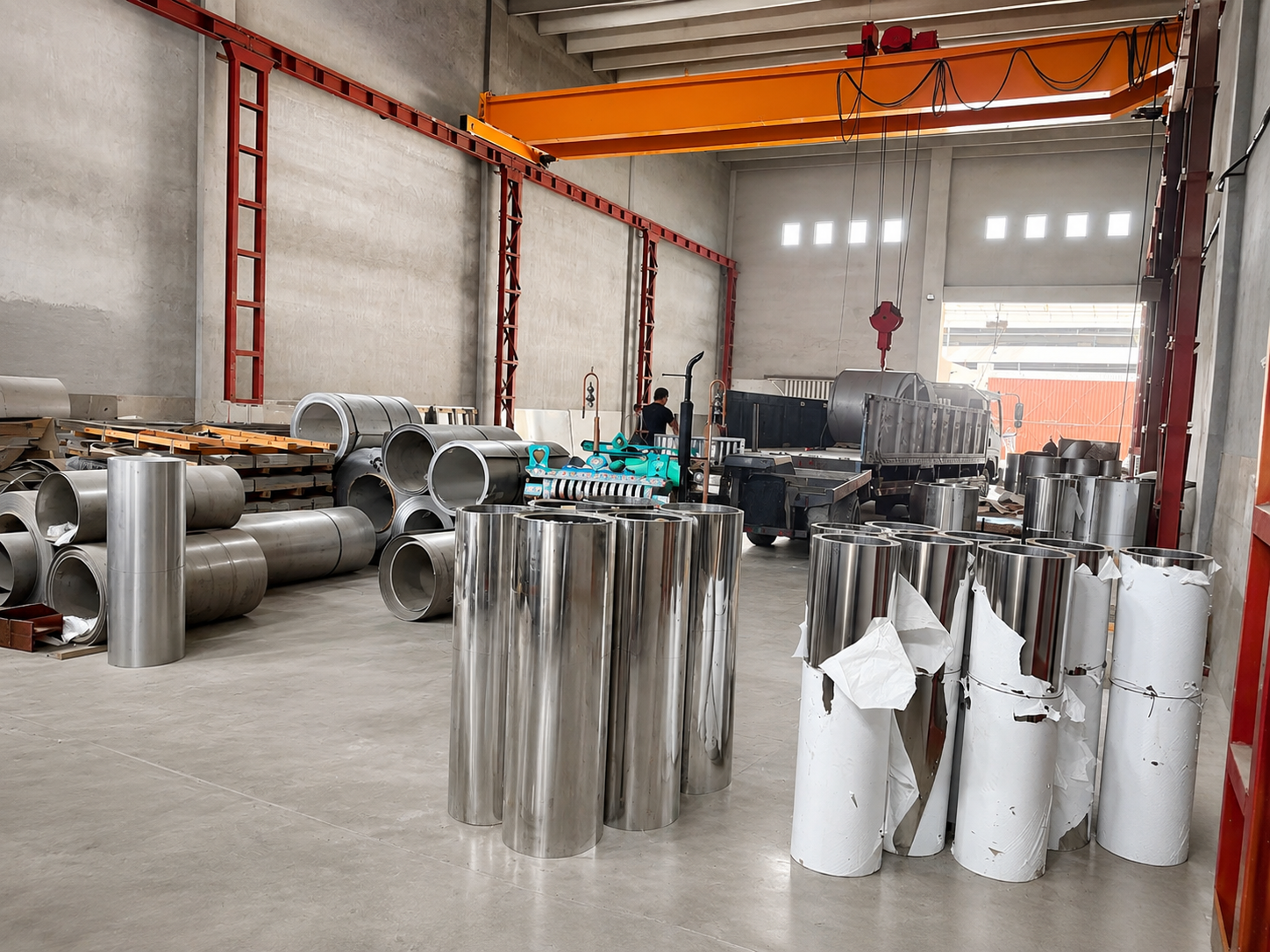 Stainless steel coils and rolled material stored inside warehouse
